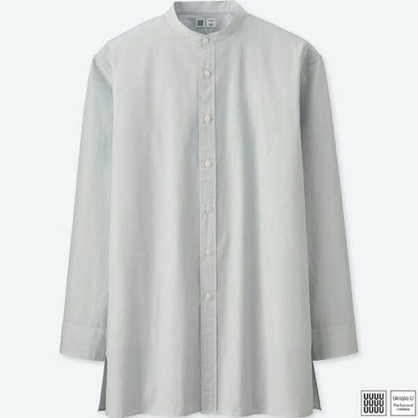UNIQLO U ユニクロユー ストライプ スタンドカラーシャツ 長袖 細ストライプ レディースM 白×グレー サイドスリット 羽織り