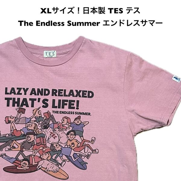 XLサイズ!日本製 TES テス(エンドレスサマー) 古着半袖Tシャツ BUHI暗めサーモンピンク?サーフ サーフィンThe Endless Summer