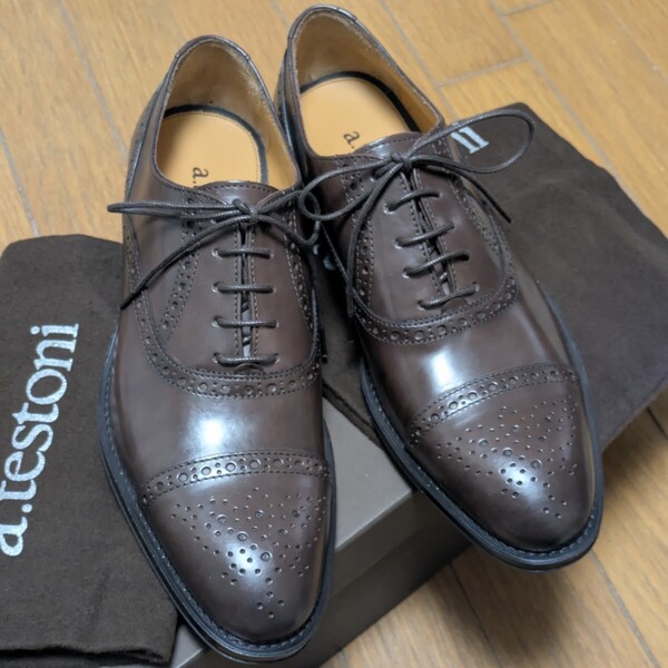 【未使用品】a.testoni 内羽根式 セミブローグ 5.5 ダークブラウン イタリア製 濃茶 テストーニ 靴