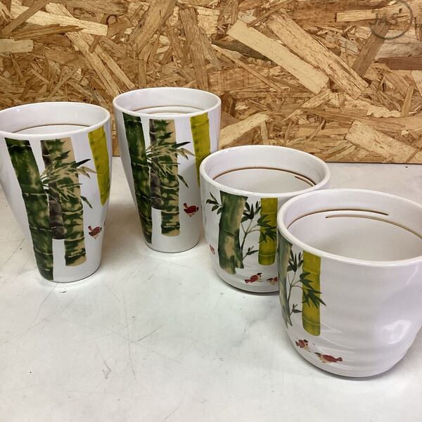 竹と金魚の陶器コップ4個セット 片岡鶴太郎 ビール&焼酎 カップセット(H61)