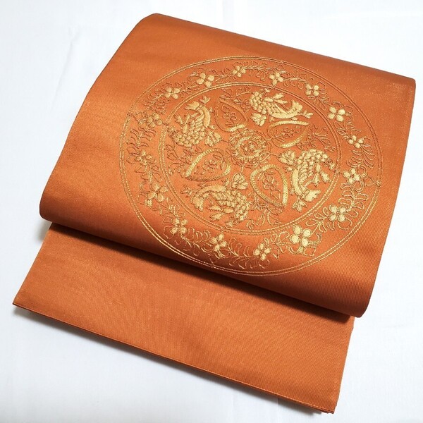送料無料 鳳凰花文模様 金駒刺繍 オレンジ 太鼓 正絹 フォーマルな袋帯 仕立て上がり リサイクル