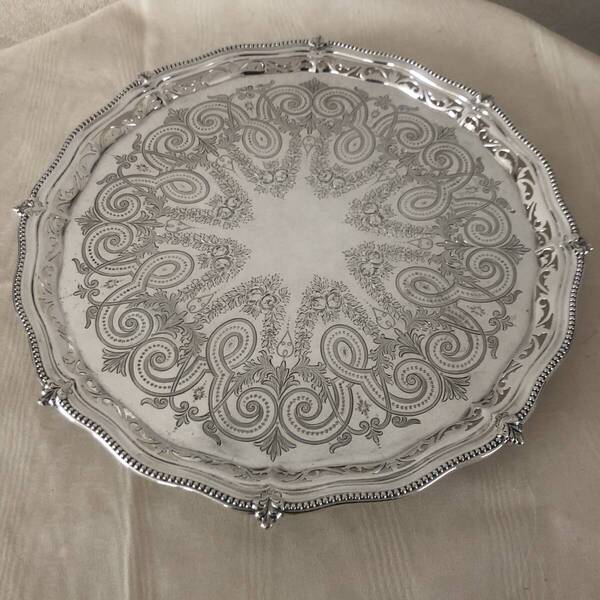 サルヴァ 脚付きトレイ 純銀 アンティーク スターリングシルバー 英国製 Mappin&Webb マッピン&ウェブ 1897 32cm