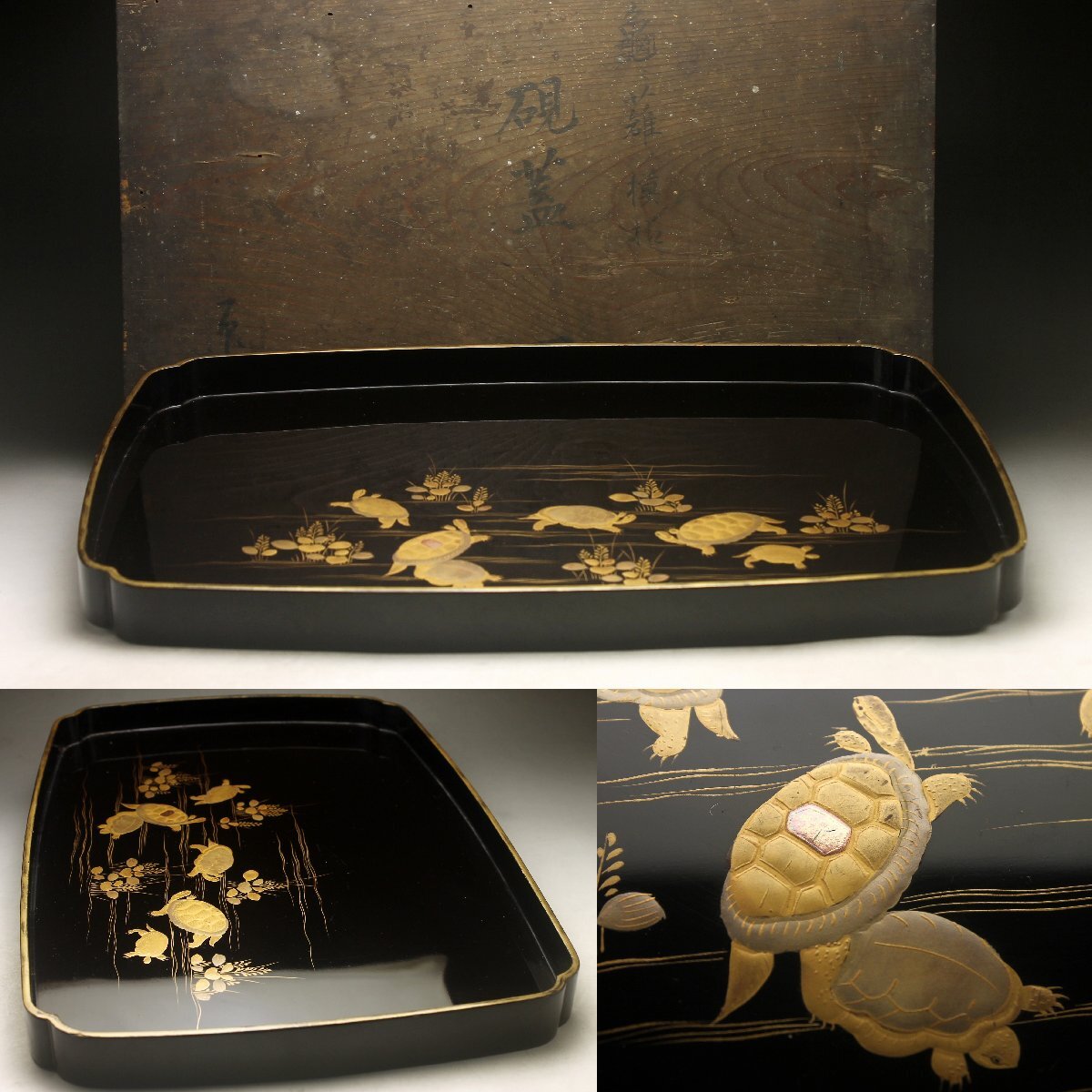 漆器輪島塗 蒔絵金彩細工 竹梅鴛鴦絵 沈金木製 重箱 共箱 共布