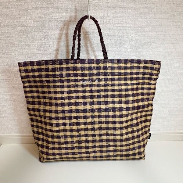 【美品】アニエスベー agnes b. ラフィア チェックトートバッグ ハンドバッグ★ MX02-01 ブラウン 茶 返品保証