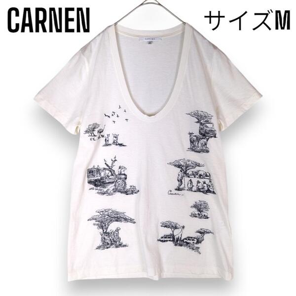 カルヴェン CARVEN Tシャツ カットソー サファリ 動物 アフリカ イラスト Vネック トップス ブラウス M ホワイト レディース
