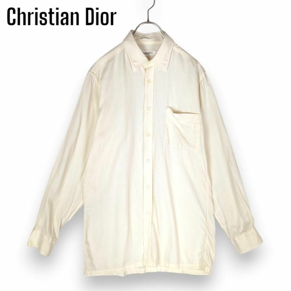 ヴィンテージ クリスチャンディオール Christian Dior ロゴ 刺繍 シャツ カットソー コットン混 キナリ ホワイト トップス ワイシャツ
