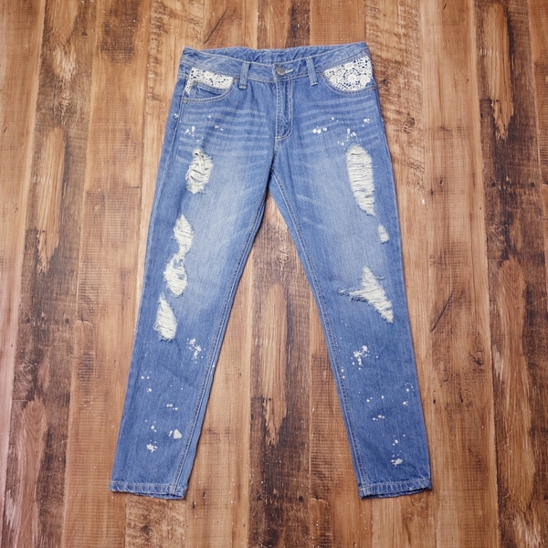 美品 Back & Jack レースダメージスキニーデニムパンツ レディース クラッシュ ペイント加工 綿100 67 Mサイズ ブルー MW17