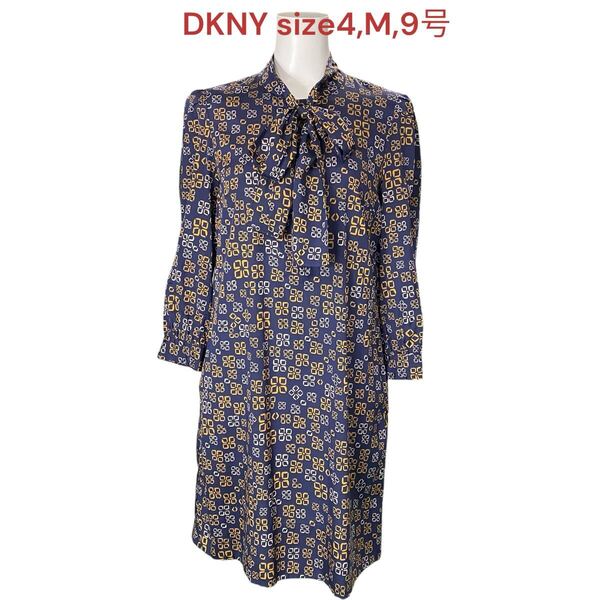 美品 ダナキャランニューヨーク 4、M、9号 レディース ワンピース ロング DKNY ワンピ 総柄 ロング シャツワンピ 長袖 透け感 M5P158