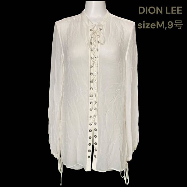 美品 ディオンリー M、9号 レディース ブラウス シャツ シアー シルク 白 DION LEE トップス 襟元レースアップ 絹100 M5P170