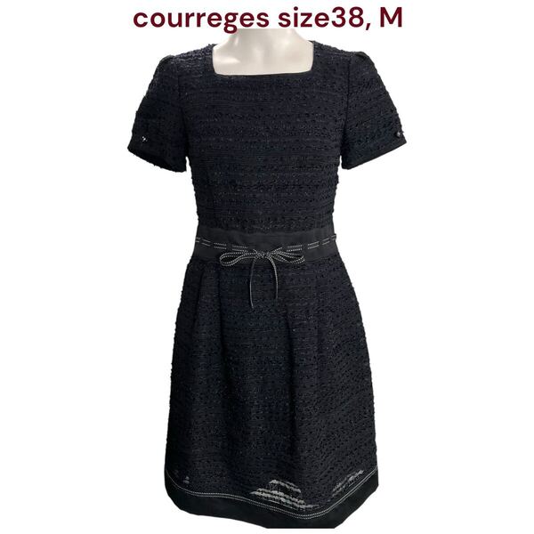 美品 クレージュ ツイード風 リボン ワンピース ブラック、ネイビー courreges レディース M5P362 38、M、9号