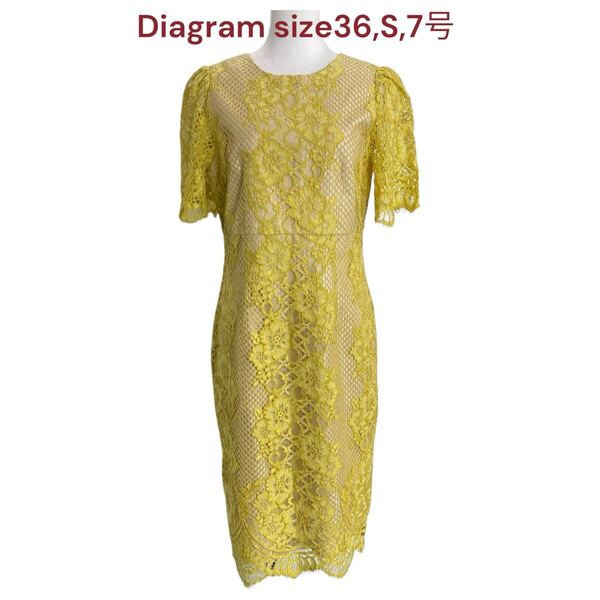 美品 ダイアグラム 36、S、7号 レディース ワンピース 半袖 ロング 綿混 Diagram ワンピ レース 刺繍 黄色 イエロー コットン M5P513