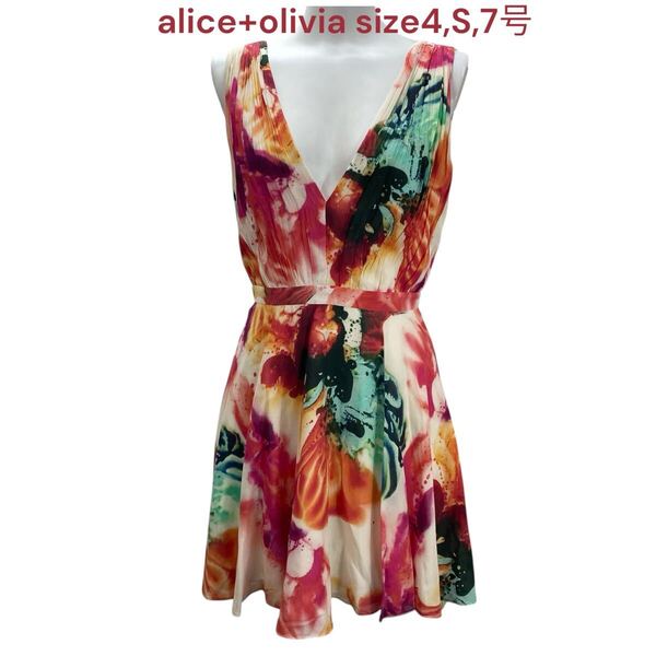 アリスアンドオリビア 4,S,7号 レディース ワンピース 袖なし ミニ丈 シルク alice+olivia ワンピ ノースリーブ フレア 花柄 絹混 M5P631