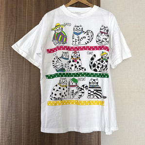 【古着】90s USA製 ネコ アート 猫 イラスト 半袖 Tシャツ ホワイト