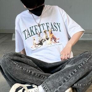 ills 犬プリント Tシャツ TAKE IT EASY 白 Mサイズ ゆるだぼ 半袖 Dog Print T-shirt TAKE IT EASY White M Loose Fit Tee