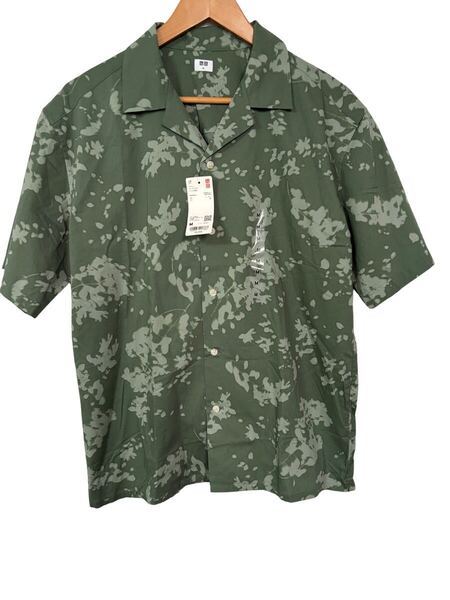 ユニクロ オープンカラーシャツ 半袖 総柄 グリーン Mサイズ 新品タグ付 UNIQLO Open Collar Shirt Short Sleeve Green Pattern M New
