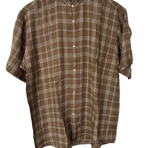 エディフィス バンドカラー チェック 半袖シャツ ブラウン系 レーヨン混 L サイズ リラックスフィット EDIFICE Band Collar Checked