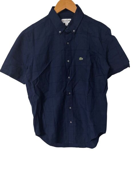 美品 LACOSTE リネン混 パッチワーク風シャツ ネイビー FR39 S相当 LACOSTE Linen Cotton Patchwork Shirt Navy FR39 US S/M 半袖
