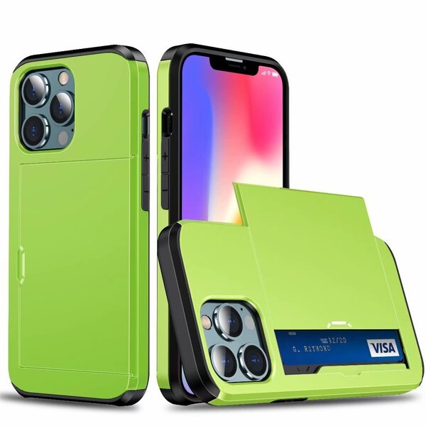 iPhone 11用 ケース ライムグリーン 背面カバー カード収納 明るい黄緑 カードホルダー