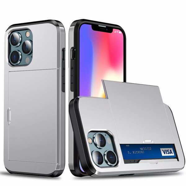 iPhone 16 Plus用 ケース ライトシルバー 背面カバー カード収納 銀色 カードホルダー