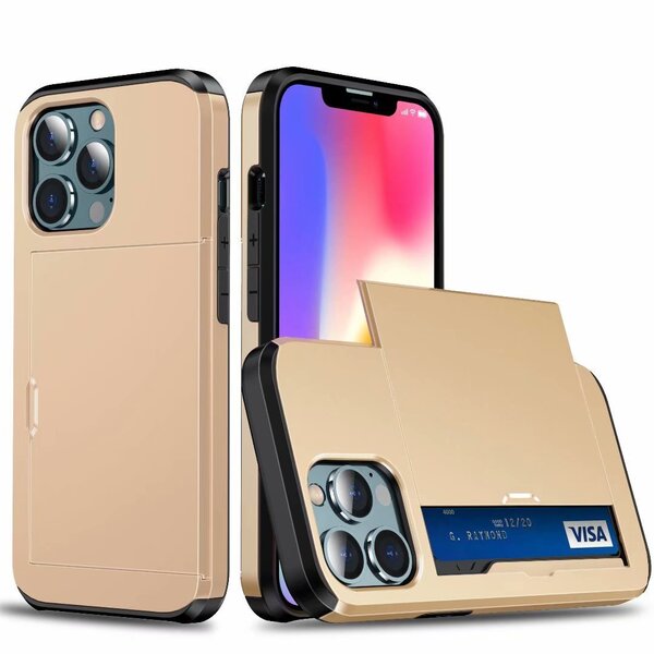 iPhone 15 Plus用 ケース ゴールド 背面カバー カード収納 金色 カードホルダー