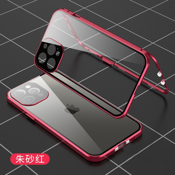 iPhone 15 Plus用 ケース レッド 赤色 強化ガラス ロック付き マグネット式 アルミ合金フレーム