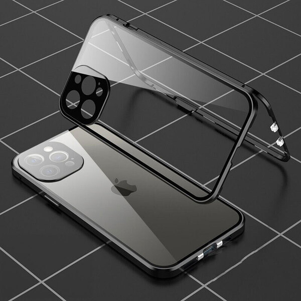 iPhone 15 Plus用 ケース ブラック 黒色 強化ガラス ロック付き マグネット式 アルミ合金フレーム
