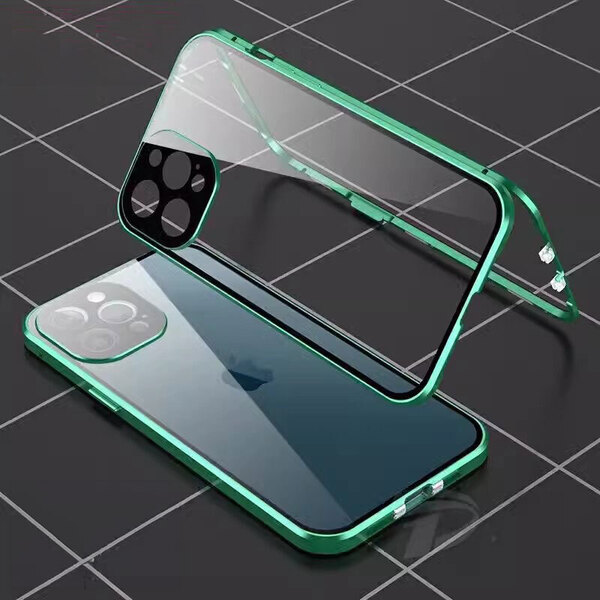 iPhone 15用 ケース グリーン 緑色 強化ガラス ロック付き マグネット式 アルミ合金フレーム