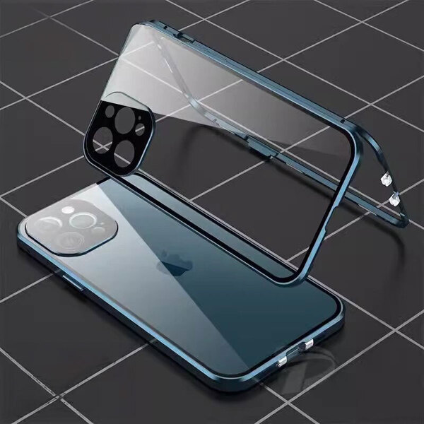 iPhone 13 Pro Max用 ケース ブルー 明るい青色 強化ガラス ロック付き マグネット式 アルミ合金フレーム