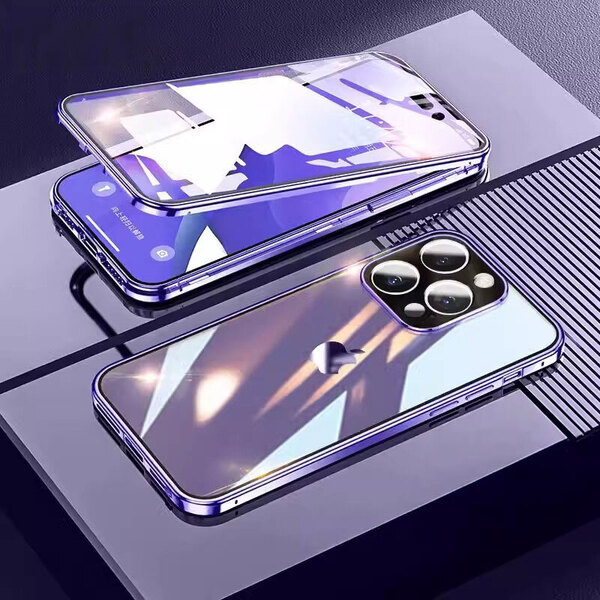 iPhone 15 Plus用 ケース パープル 紫色 強化ガラス ロック付き マグネット式 アルミ合金フレーム
