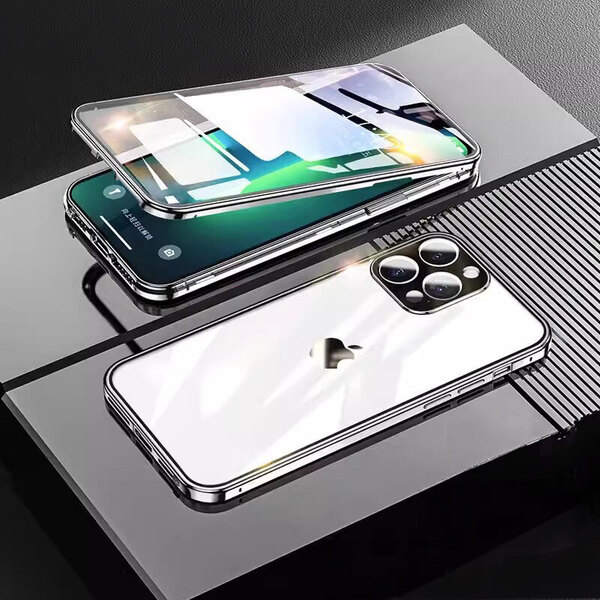 iPhone 15用 ケース シルバー 銀色 強化ガラス ロック付き マグネット式 アルミ合金フレーム