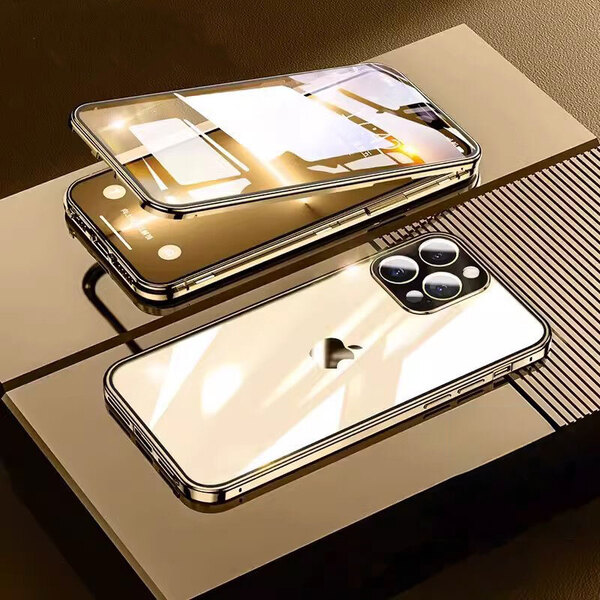 iPhone 11 Pro Max用 ケース ゴールド 金色 強化ガラス ロック付き マグネット式 アルミ合金フレーム