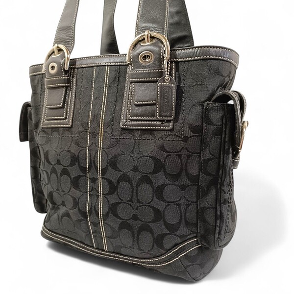 【美品】 正規品 コーチ COACH シグネチャー ハンドバッグ キャンバス 黒 鞄 レザー 肩掛け ブラック 革 トートバッグ 男女兼用 大容量