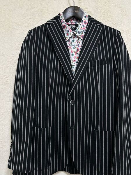 【極美品】春夏物 チルコロ1901 CIRCOLO 1901 メンズ ニット素材 ジャケット 46 M 黒×白 ストライプ コットン+リネン ストレッチ