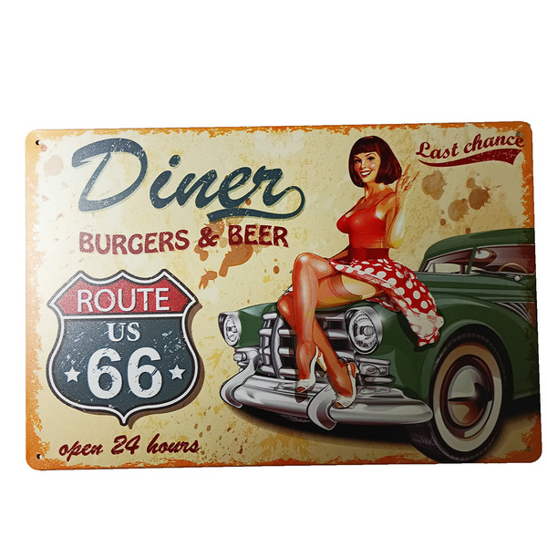 送料無 ROUTE66 ルート66 ブリキ看板 壁掛けプレート ヴィンテージ レトロ雑貨 ガレージ インテリア 看板 サインボード アメリカン美女 車