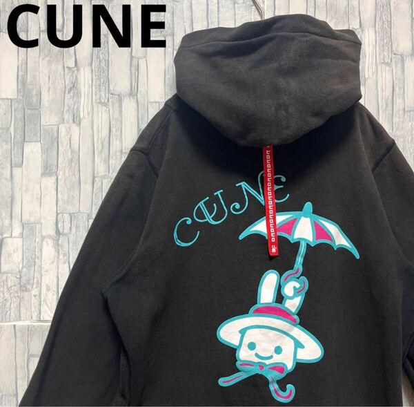 CUNE キューン ウサギ パラソル 傘 フルジップ パーカー スウェット サイズL デカロゴ ビッグロゴ 長袖 フーディ 裏起毛 フェード 短丈