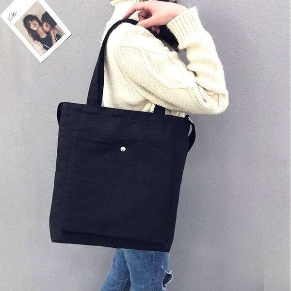 【新品】キャンバス トートバッグ 無地 2WAY ショルダーバッグ<ブラック>メンズ レディース 男女兼用 コットン 大容量 軽量 丈夫 黒