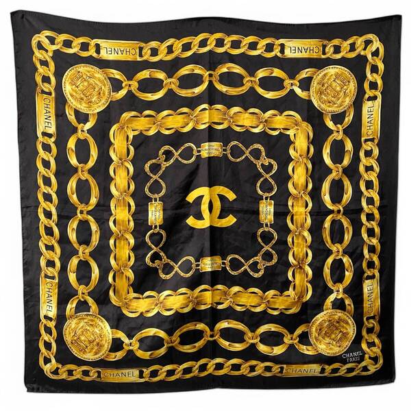 Vintage CHANEL Gold Chainz Big size Shawl Scarf Black / ヴィンテージ シャネル ゴールドチェーン 大判ストール スカーフ