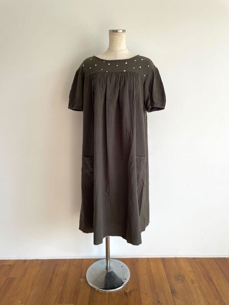 Sally Scott/サリースコット/ワンピース/半袖/刺繍/SM/カーキ/リボン/コットン/ふんわりシルエット/良品美品