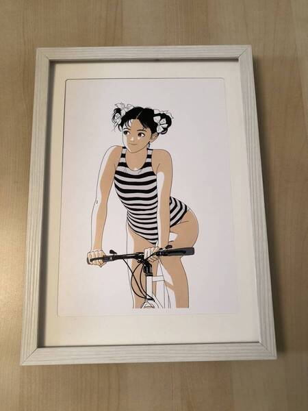 kj ★額装品★ 江口寿史 セクシー 水着 自転車 美女 貴重イラスト A4額入り ポスター風 レオタード 美少女 美人画 漫画 ロードバイク 美尻