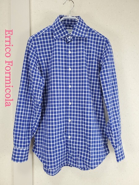 美品◆Errico Formicola エッリコフォルミコラ(トゥモローランド購入) 綿/コットン100% 長袖シャツ ワイドカラー イタリア製(15.5-40)青白