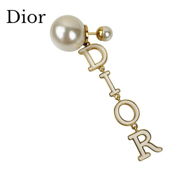 Christian Dior クリスチャンディオール ピアス ドロップ ロゴ トライバル フェイクパール 片耳 ホワイト ゴールド