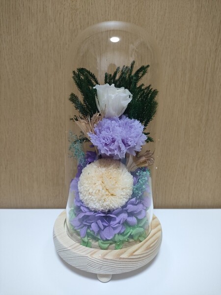 ガラスドームアレジメント プリザーブドフラワー 生花 仏花 L 紫