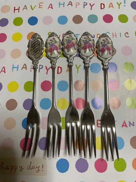 花柄 フォーク カトラリー 5本 stainless Japan 昭和 レトロ アンティーク ヴィンテージ