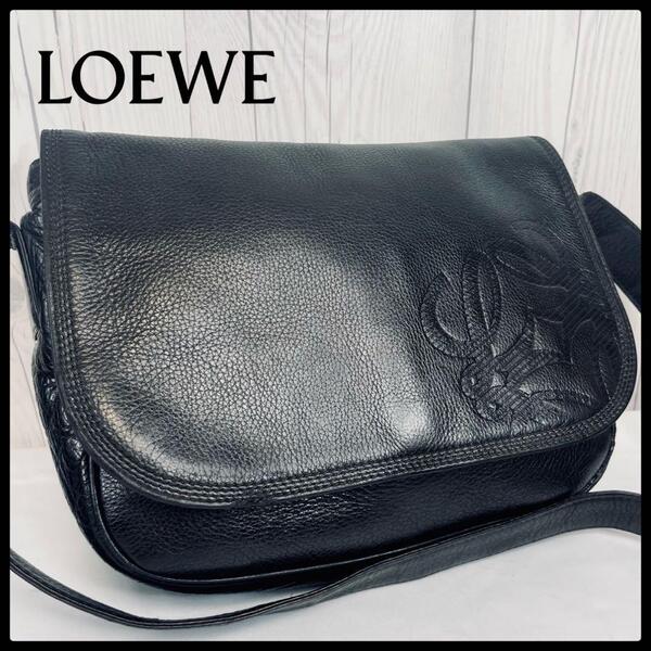 ◆ 美品 ◆ ロエベ LOEWE ショルダーバッグ レザー アナグラム ブラック 斜め掛け バッグ ポシェット 黒