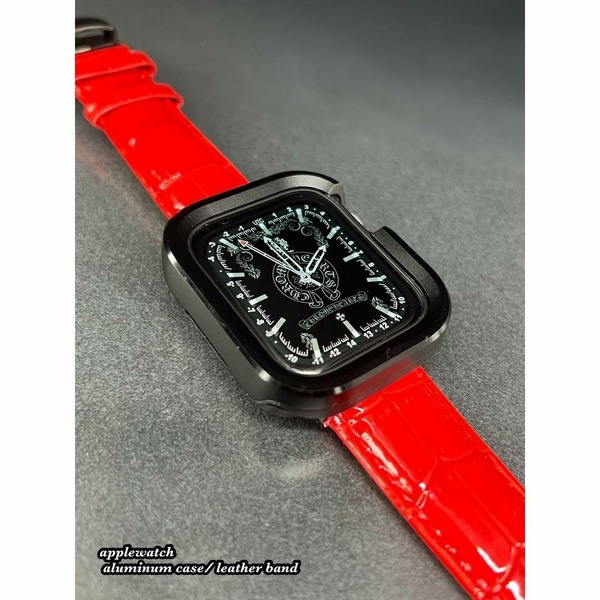 アップルウォッチ ブラック アルミニウム ケース レッド 本革 レザー ベルト 46mm 49mm 45mm 44mm 41mm 40mm ウルトラ