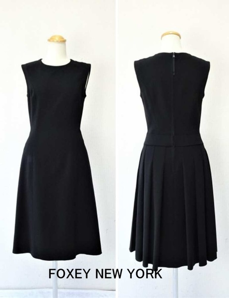 美品【FOXEY NEWYORK|フォクシーニューヨーク】ノースリーブ ストレッチムースワンピース バックプリーツワンピース ブラック 38 即決