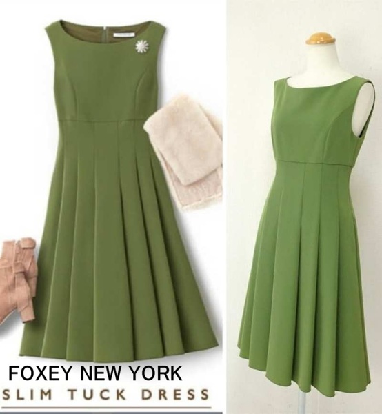 極美品【FOXEY NEWYORK|フォクシーニューヨーク】定価7万2千 SLIM TUCK DRESS スリムタックドレス フィット&フレア グリーンティ 40 M 即