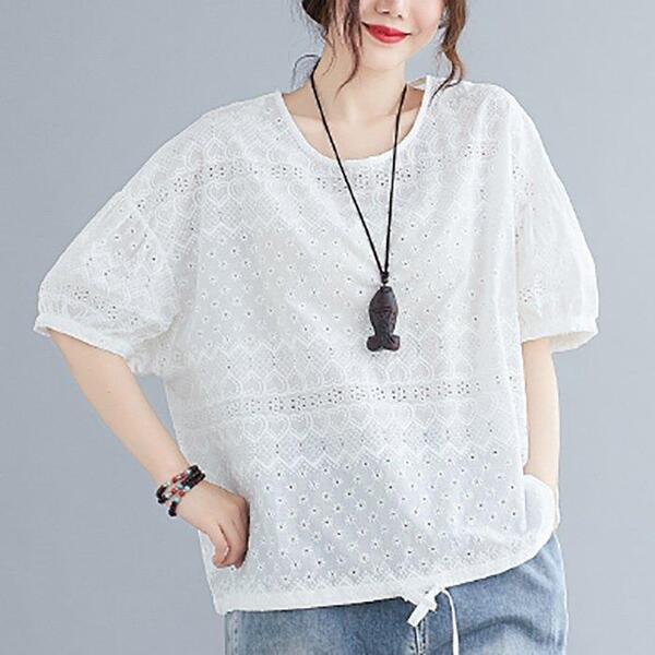 新品 レディース春夏レース刺繍綿半袖涼しいゆったりブラウスシャツ 白 ホワイト aa510