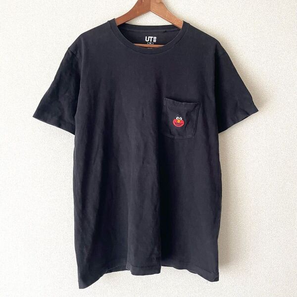 セサミストリート ユニクロ コラボTシャツ★エルモ メンズ XL ビッグサイズ 古着 半袖 ポケットTシャツ キャラクター カワイイ UT ブラック