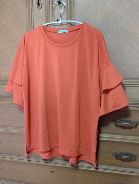 フリル袖 5分袖 カットソー Tシャツ L オレンジ エレガント ナチュラル 春夏 お姉 個性的